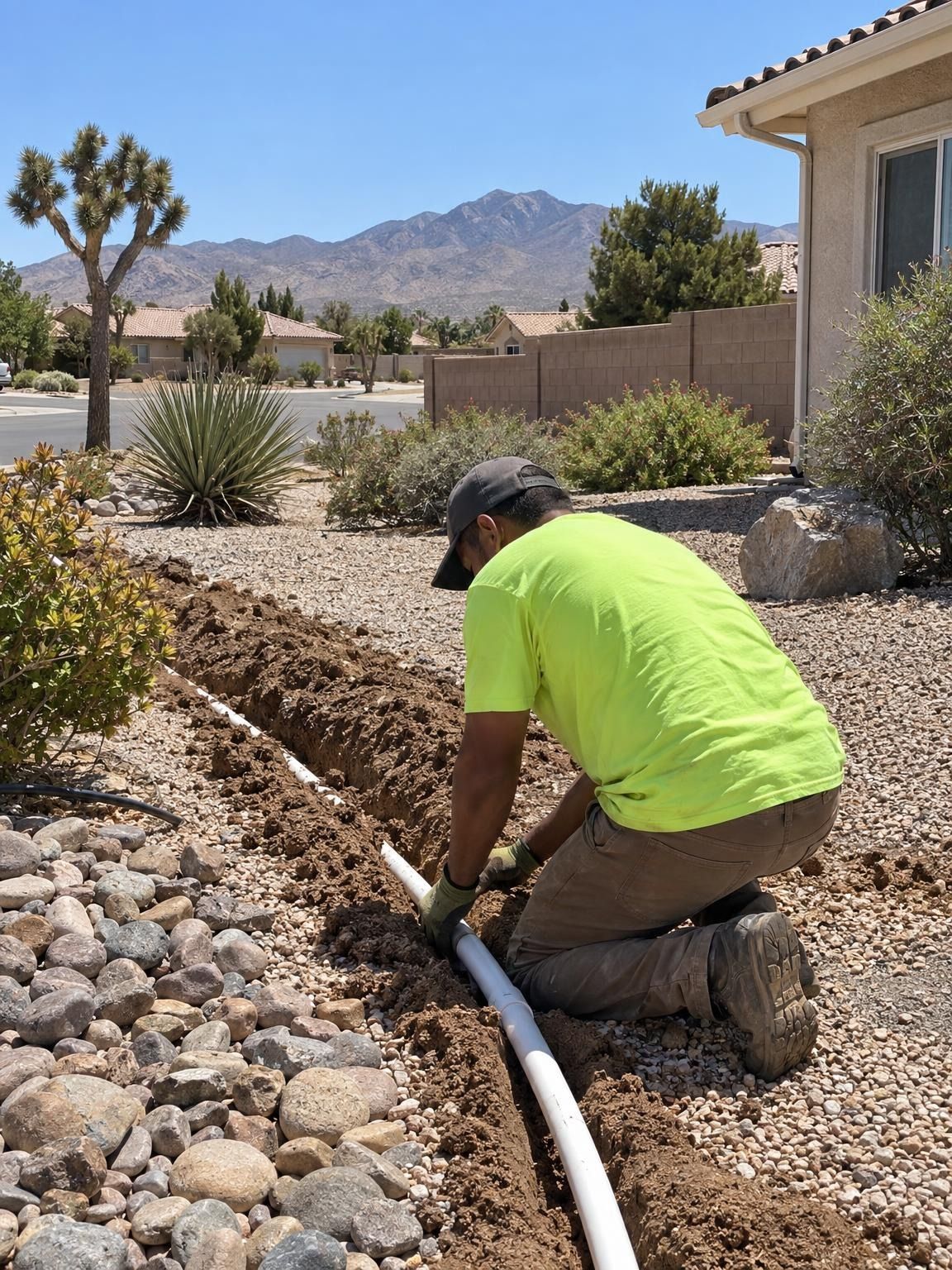 Crew member laying irrigation pipe in a gravel front yard