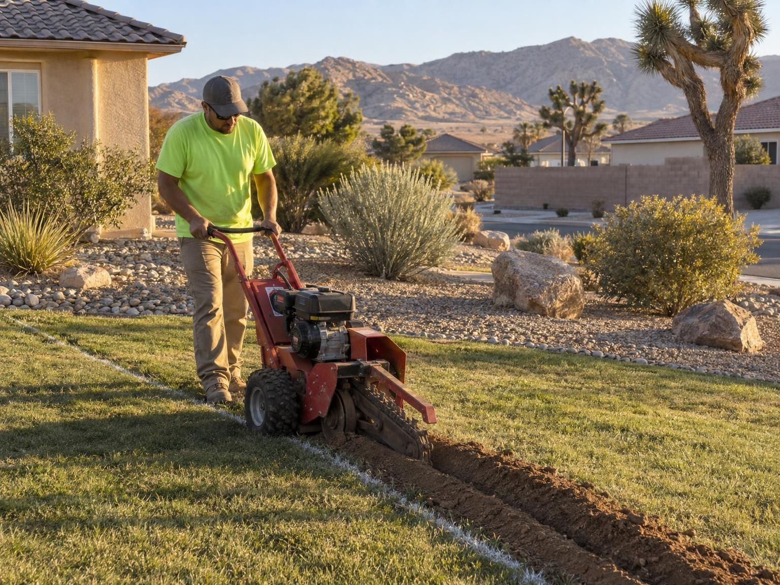 Crew member in a lime hi-vis shirt running a trencher along a string line