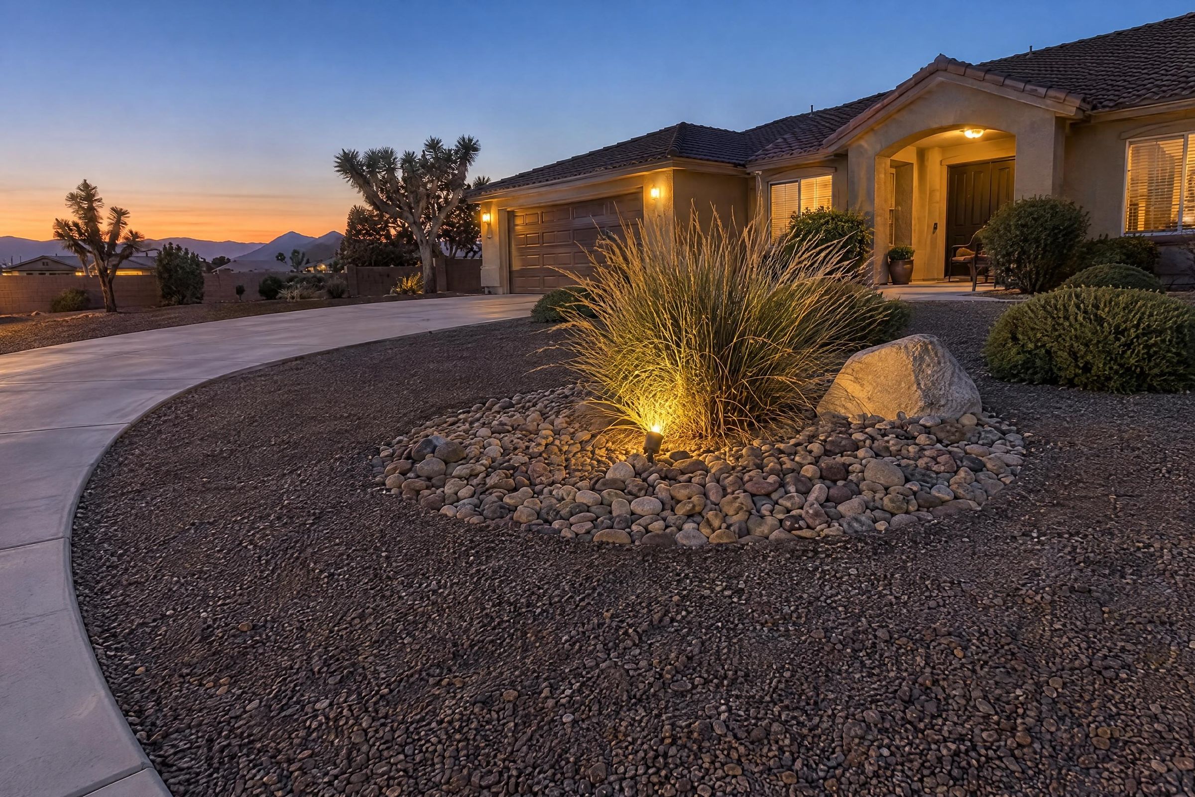 Front yard at dusk with dark gravel, a lit river-rock bed and desert plants
