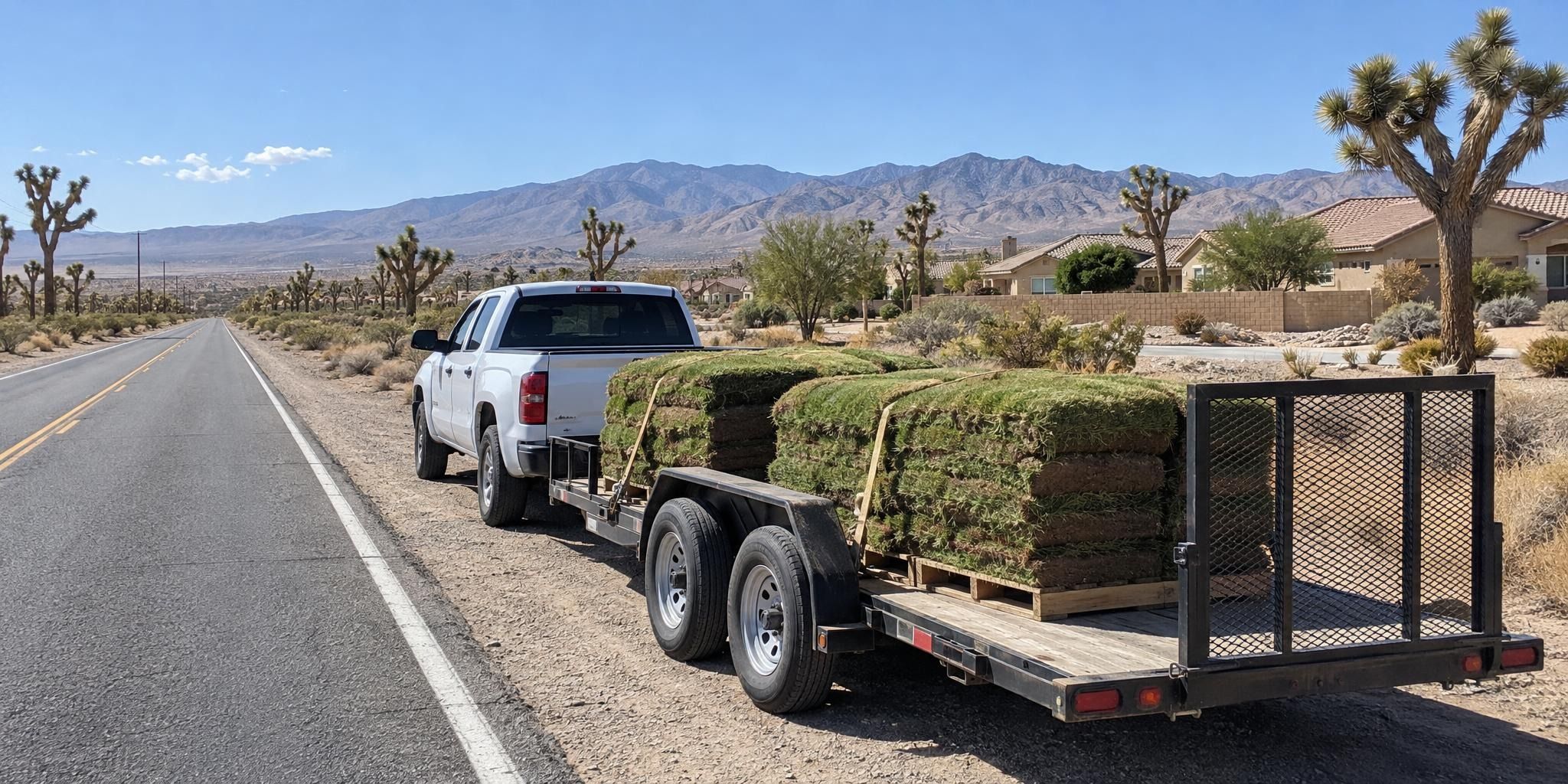 Trailer of sod pallets on a desert highway