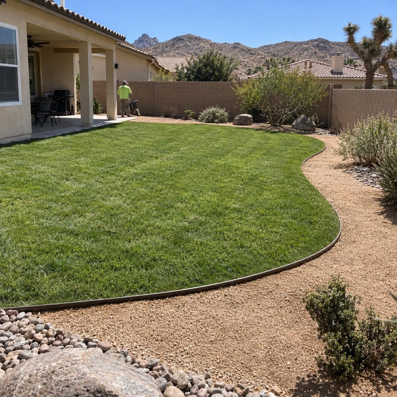 New lawn edged by a curved gravel border
