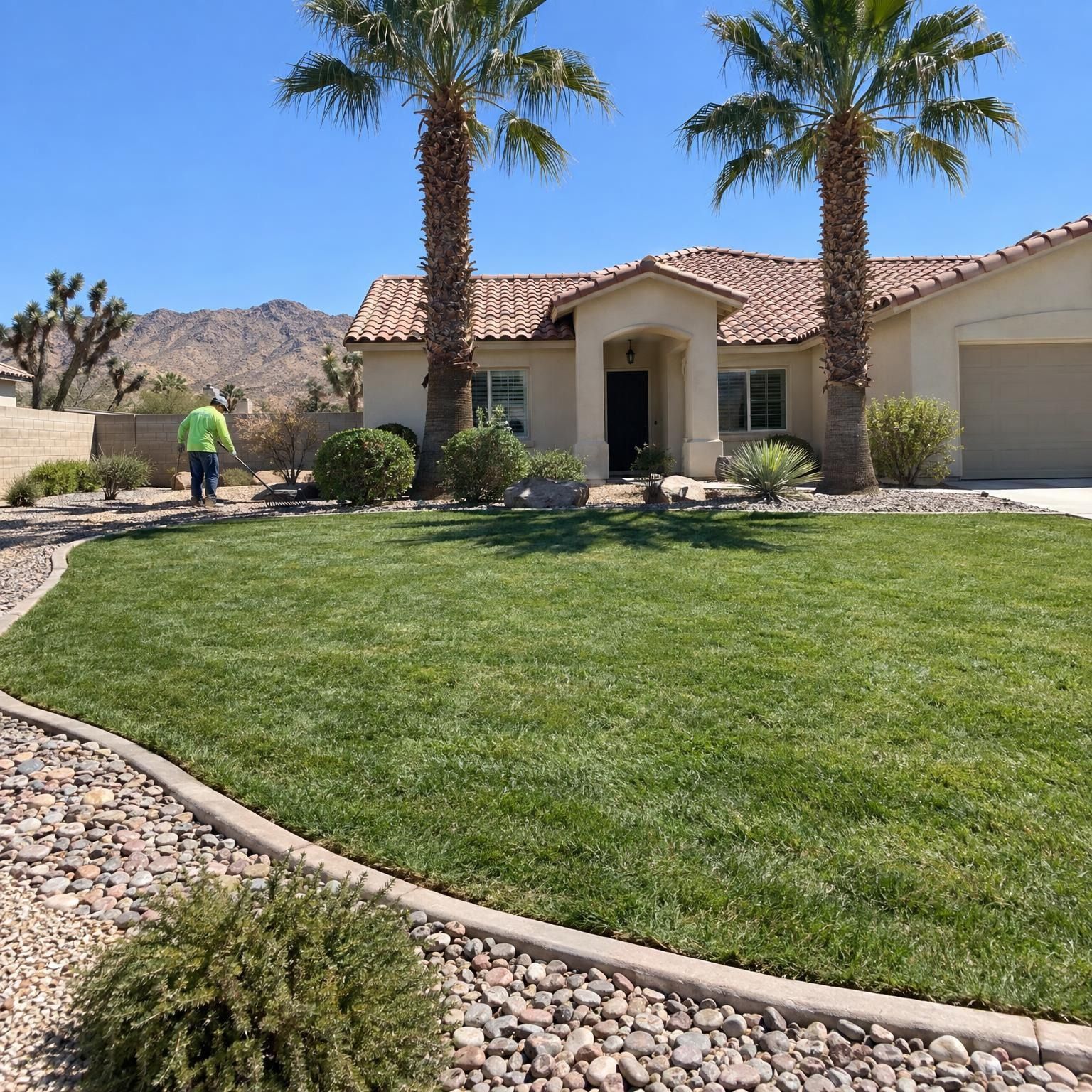 Finished front lawn in front of a stucco house with palm trees