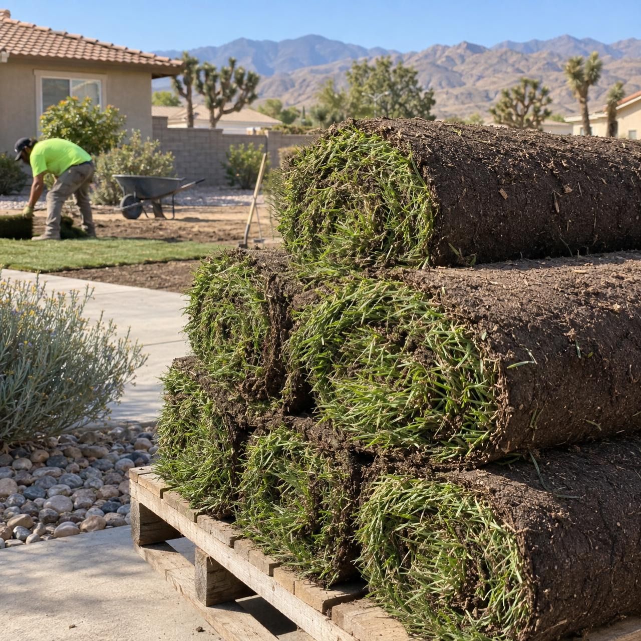 Close-up of stacked sod rolls on site