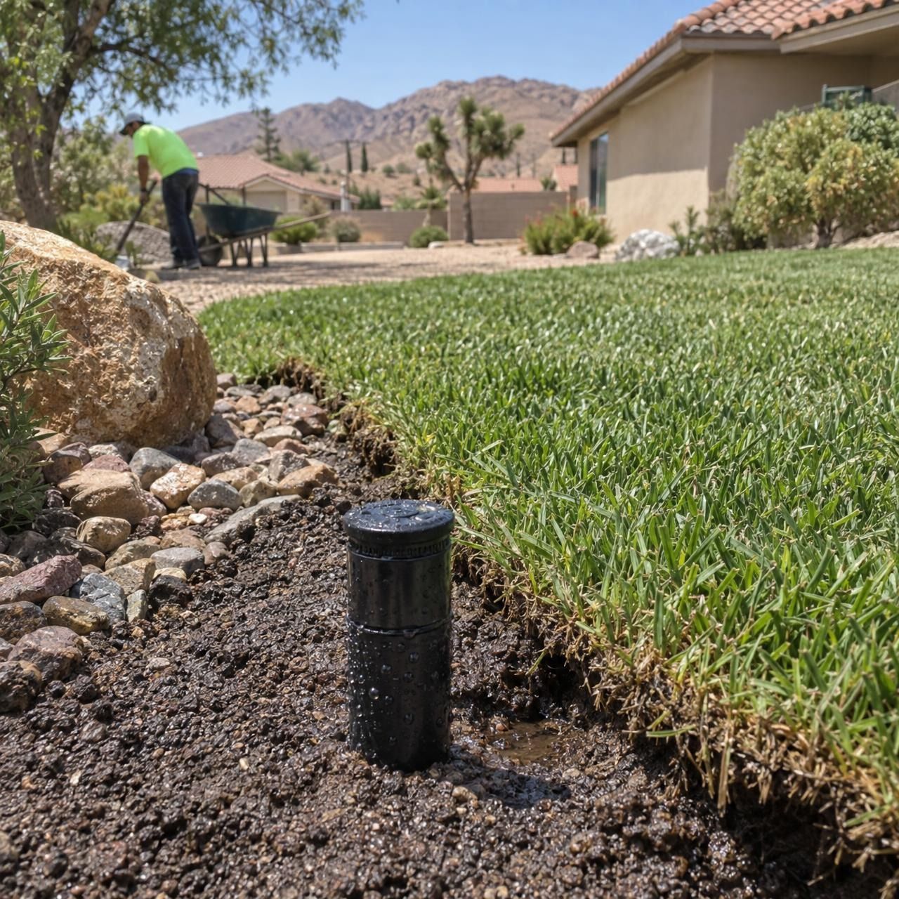 New pop-up sprinkler head set in fresh soil