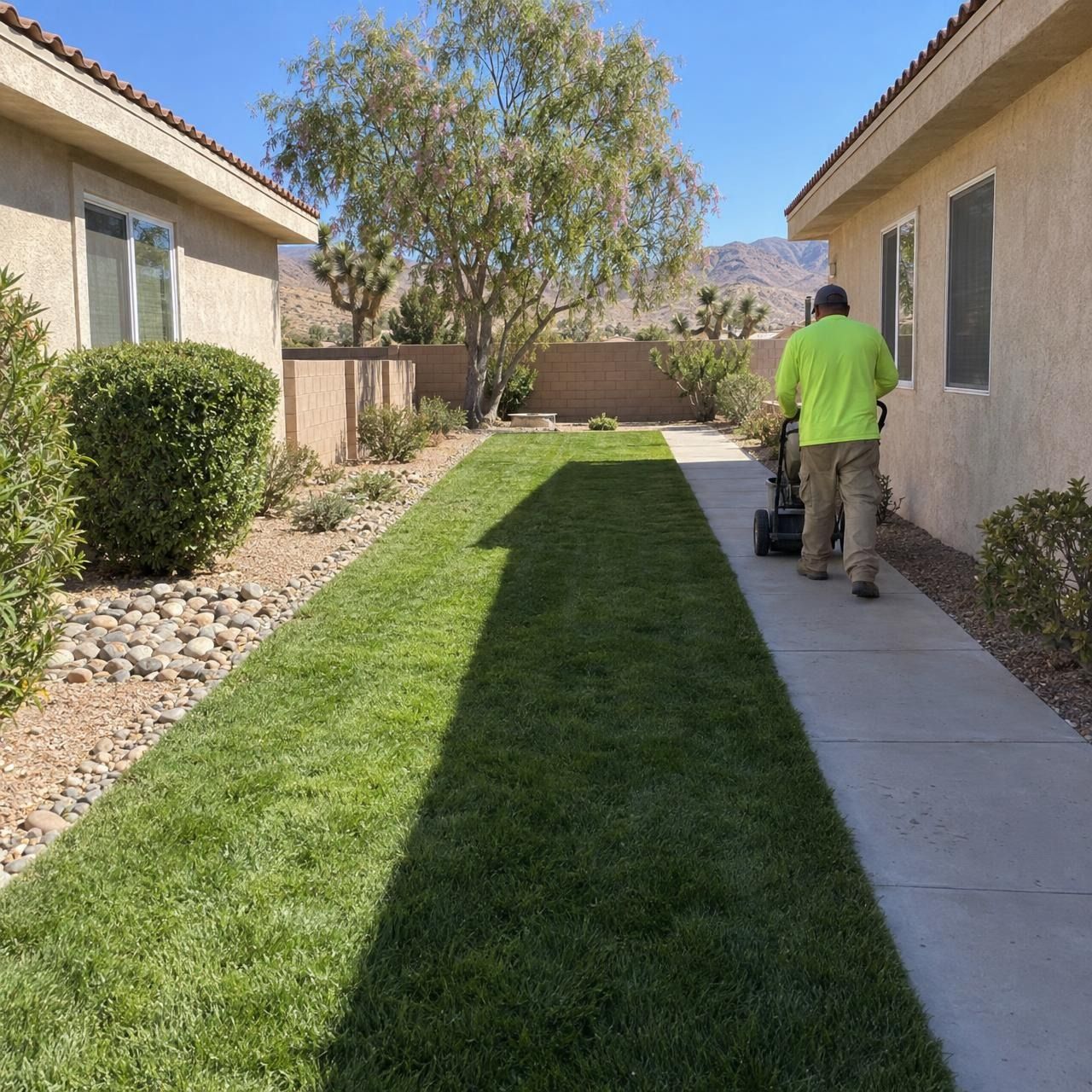 Green lawn strip between two apartment buildings