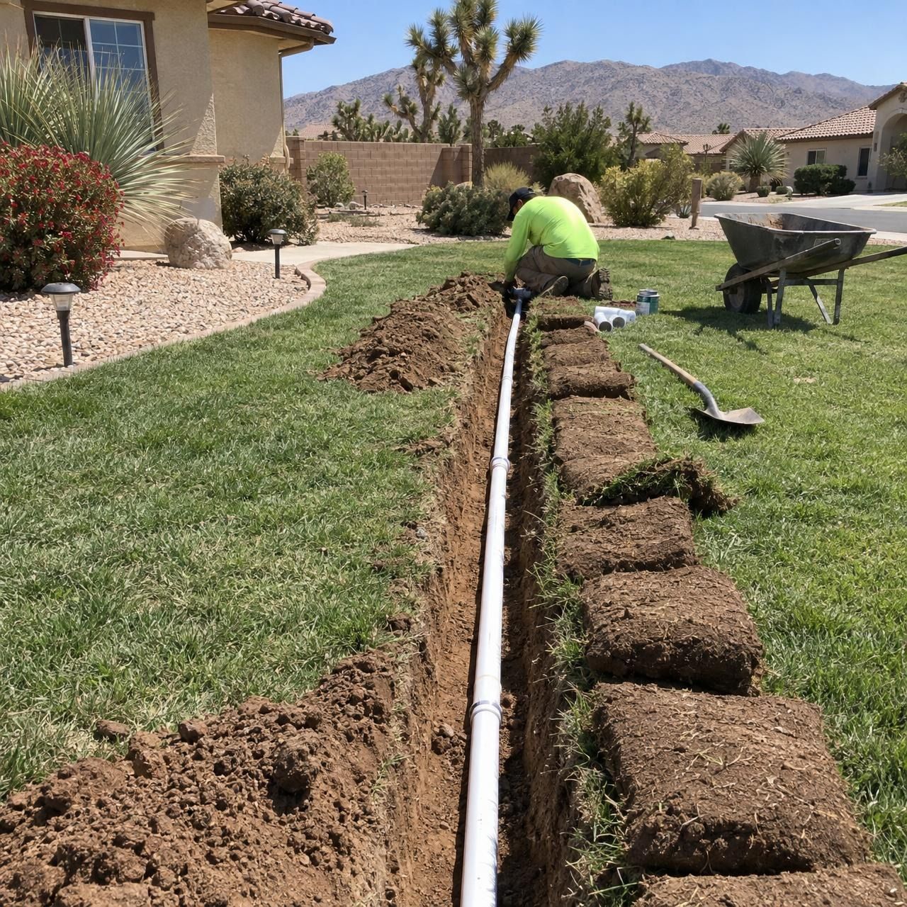 Irrigation trench cut through a lawn with new pipe in it