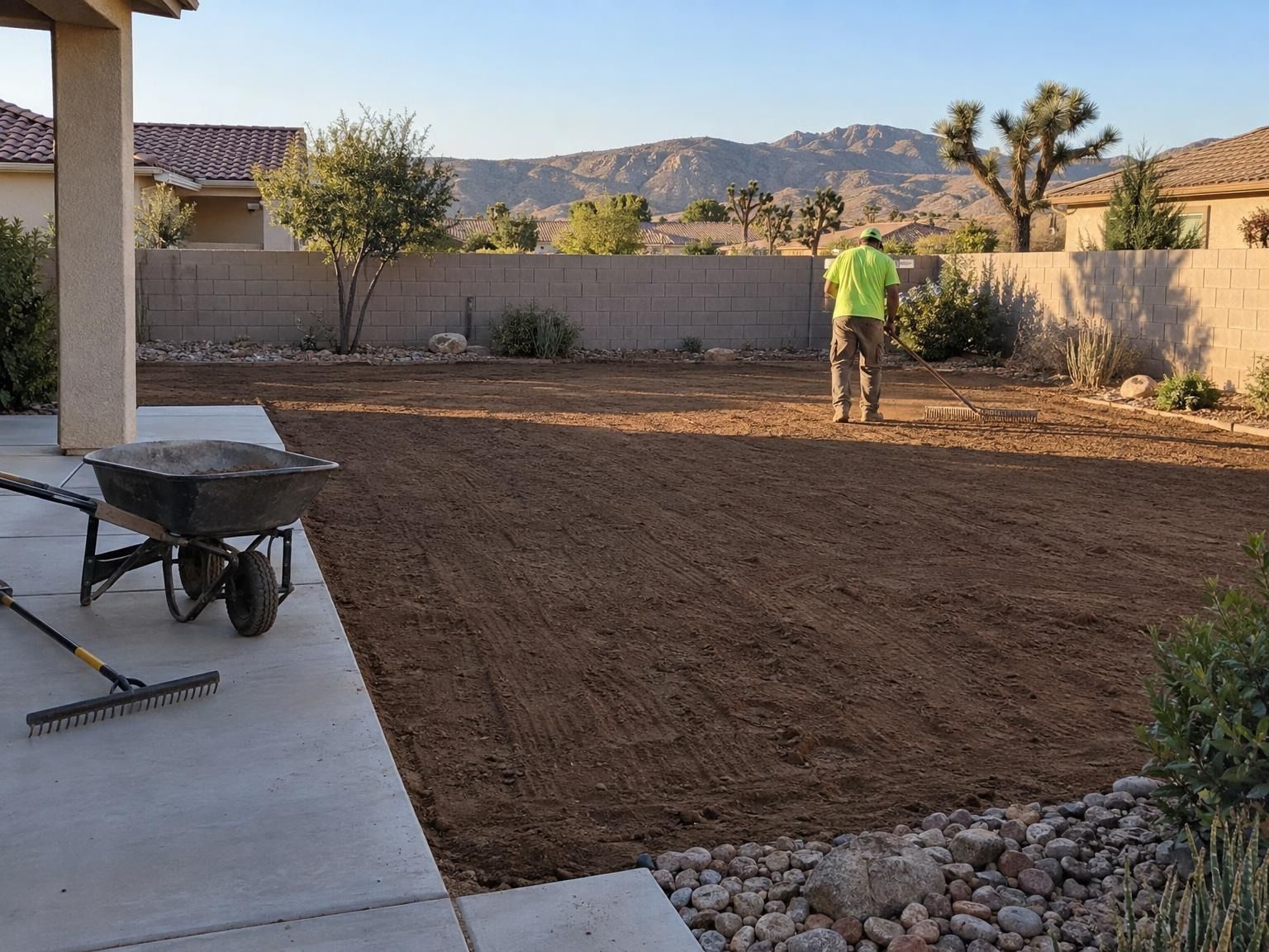 Crew member in a lime shirt raking a backyard smooth for new sod