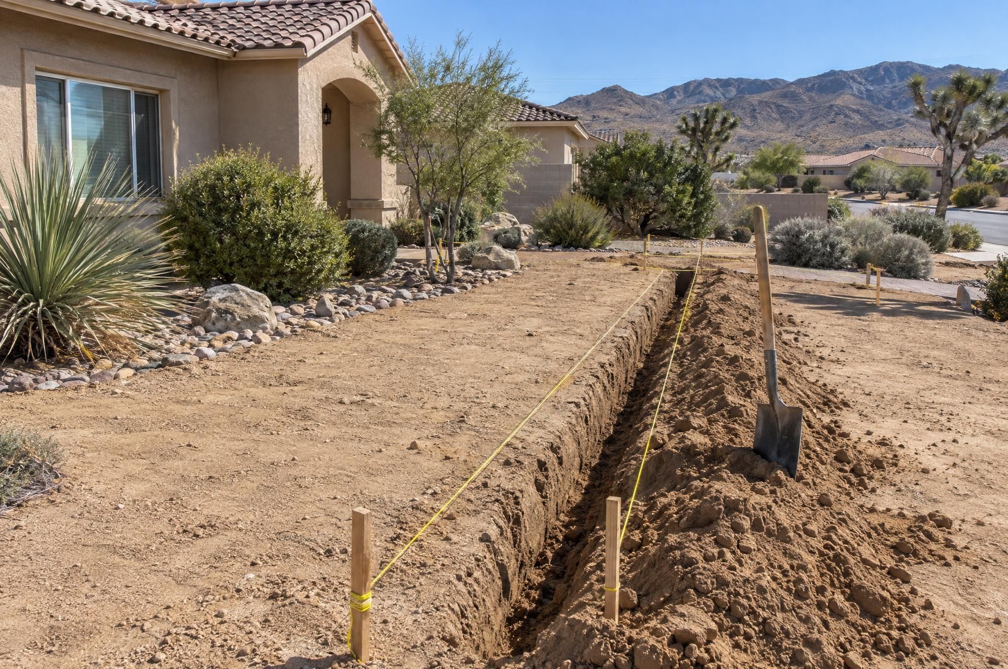 Front yard marked out with yellow string lines and a fresh trench on one of our jobs