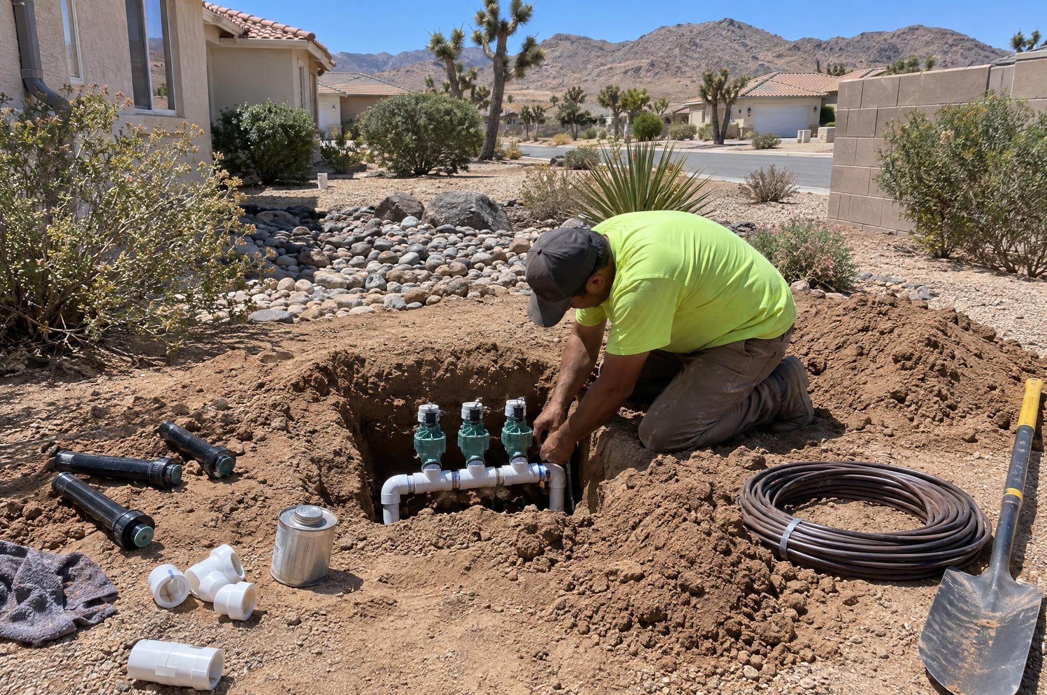 New irrigation valves, sprinkler heads and fittings laid out beside a fresh hole
